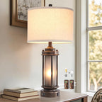 25'' Farmhouse Table Lamp with 2 USB Charging Ports, Rustic Vintage Nightstand Lamp with Frosted Glass Nightlight, Retro Desk Lamp for Living Room Bedroom End Table Entryway, 2 Bulbs Included