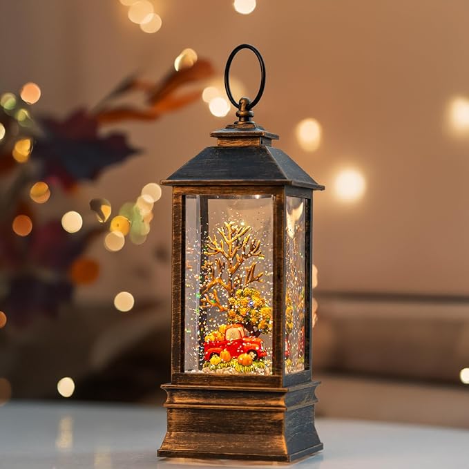 10'' Fall Snow Globe Lantern, Thanksgiving Lighted Lantern, Swirling Glitter Snow Globe for Fall Harvest Day Decorations, Home Fall Decor, Halloween and Gift (Truck&Pumpkins)