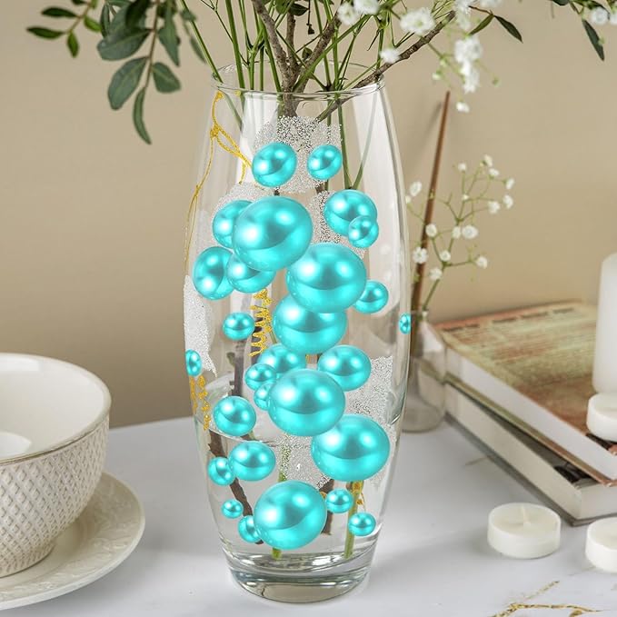 200PCS Teal Faux Pearls Beads for Centerpiece Vases, Vase Filler Faux Pearls, No Holes Filler Beads for Party Anniversary Birthday Wedding Table Decor, 10/14/20/30mm
