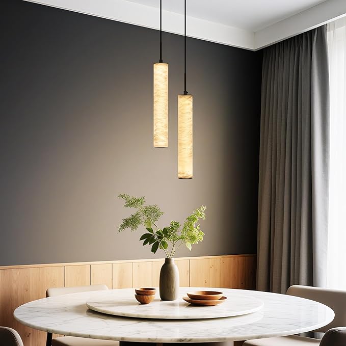 LMQNINE Natural Alabaster Pendant Lights for Kitchen Island White Marble Long Tube Chandelier Modern Black Ceiling Light Fixtures for Bedroom Dining Room Table Living Room Hallway(M-2Light)