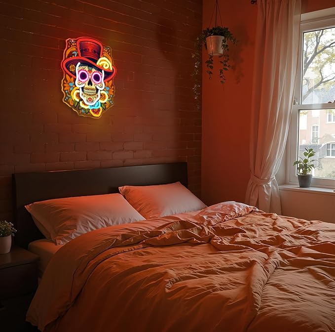 Day of the Dead Neon Sign - Mexican Sugar Skull LED Neon Light for Home & Bar Decor,UV Printed Art with Flexible LED Strip,Halloween & Día de Muertos Party Decoration (Red）