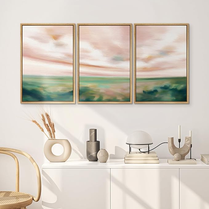 SIGNWIN Framed Canvas Print Wall Art Set Pastel Watercolor Pink Cloud Sky Green Countryside Hill Nature Wilderness Illustrations Modern Art Decorative Scenic for Bedroom - 24"x36"x3 Natural