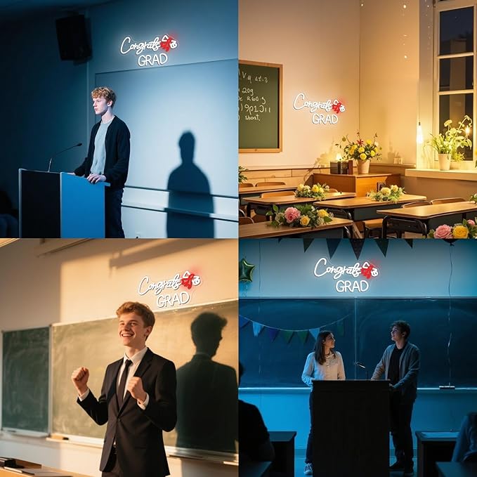 WLHOPE Congrats Grad Neon Sign with Scroll 16.54'' x 9.45'' Graduation Decorations 2025 Adjustable White Red LED lights for Party College High School Class Graduation Gifts