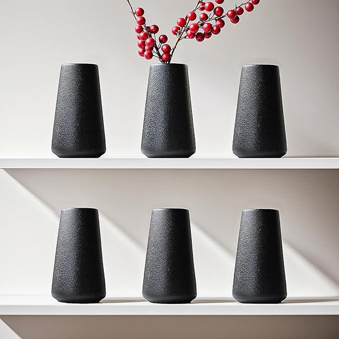 Modern Black 5.9'' Ceramic Vase Set of 6 for Living Room Bedroom Minimalist Flower Vases for Home Decor Office Centerpieces Fireplace Nordic Style Gift for Fake Plant 6 Pack Decoration