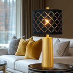 RORIANO 24" Modern Table Lamp for Living Room Bedroom, Gold Nightstand Resin Lamp with Black Grid Shade