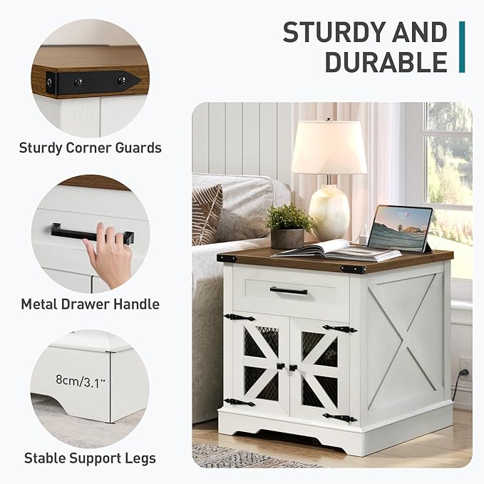 White Farmhouse End Table with Charging Station, 24" Large Sofa Side Table with Drawer, Large End Table for Living Room, Wooden Nightstand with Outlet, Square, White and Walnut