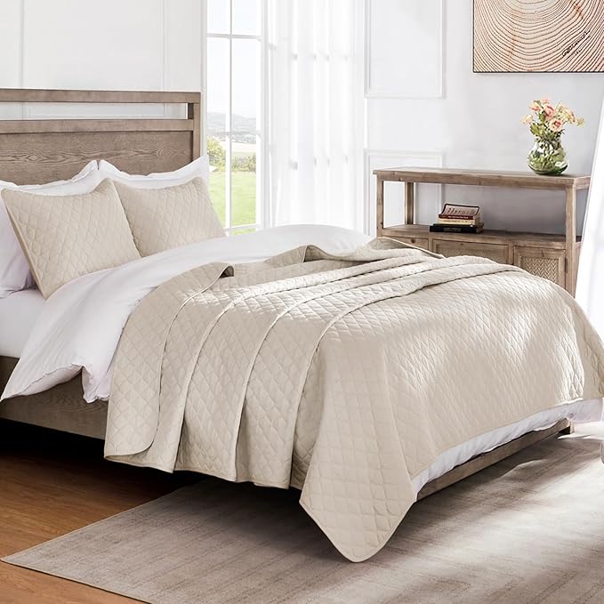 Exclusivo Mezcla Reversible King Size Quilt Bedding Set with Pillow Shams, Lightweight Quilts King Size, Soft Bedspreads Bed Coverlets for All Seasons - (Brich Beige, 104"x96")