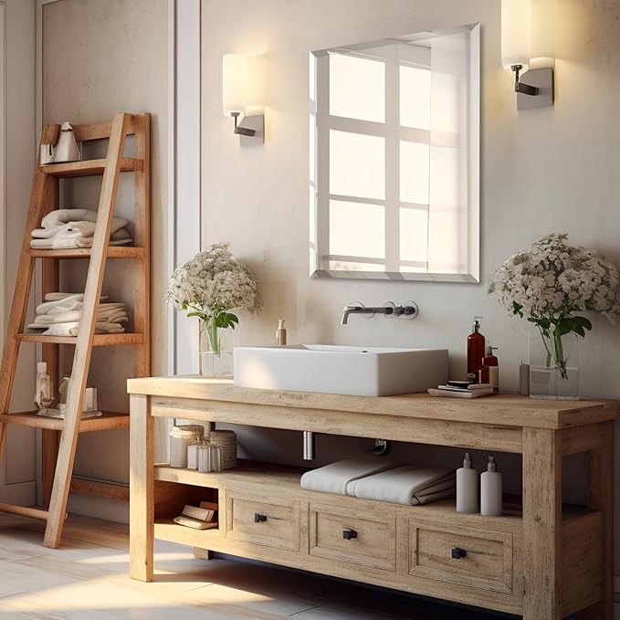 Mirrorons Beveled Mirror, Bathroom Mirrors for Wall 24" x 32", Frameless Rectangle Bathroom Mirror with Beveled Edge, Hangs Horizontally or Vertically, Upgraded Packing