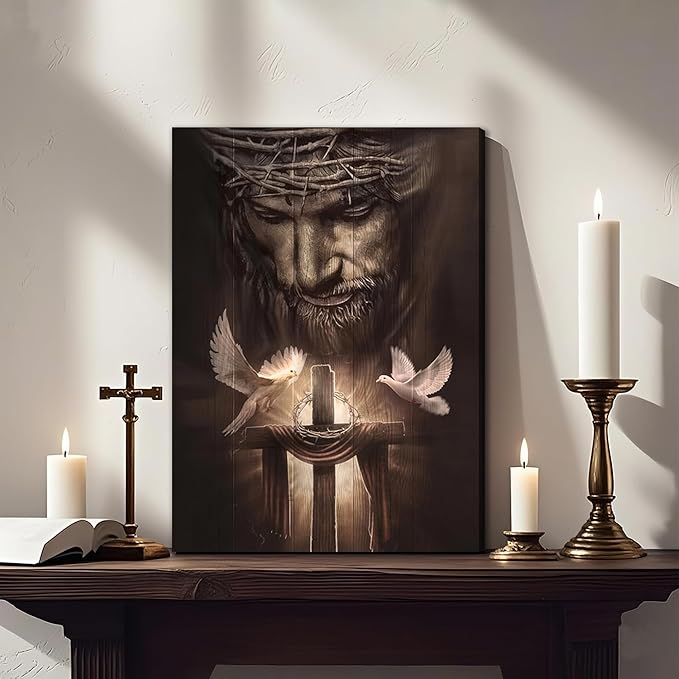 Fantasy Artists Framed Jesus Christ Canvas Wall Art The Cross and Peace Dove Christian Painting Prints Biblical Wall Decor Religious Room Decor for Church Prayer Room Schools Hospitals 16" x 24"