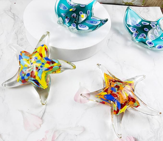 Crystal Star Fish Figurine Hand Blown Glass Starfish Statue Collectibles Ocean Art Sea Animal Home Table Decor Gift Colorful Red 5.5''