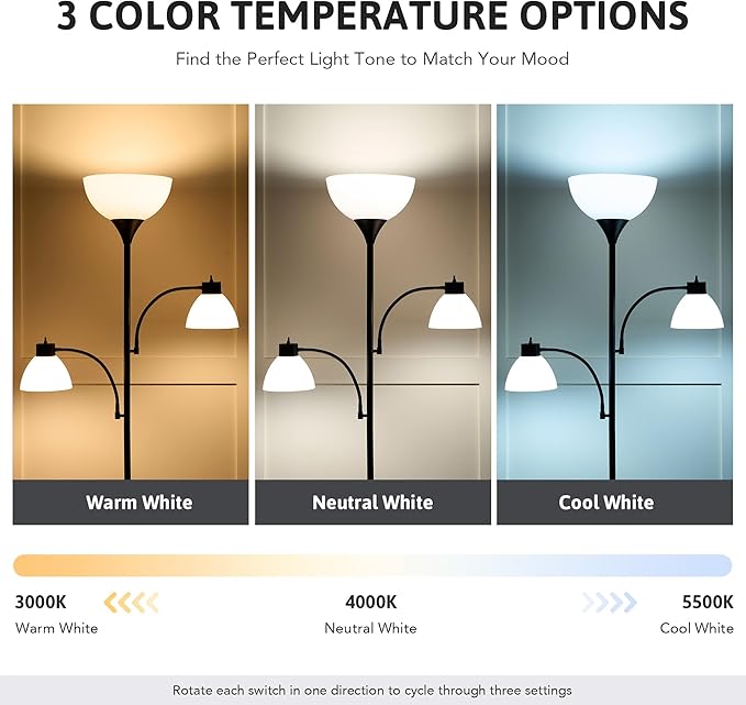 VONLUCE 71" Floor Lamp, Standing Lamp with Adjustable Reading Lights & 3 Bulbs, Modern Torchiere Floor Lamp with 3 Color Temperatures, Tall Lamp for Living Room Bedroom Corner, Black