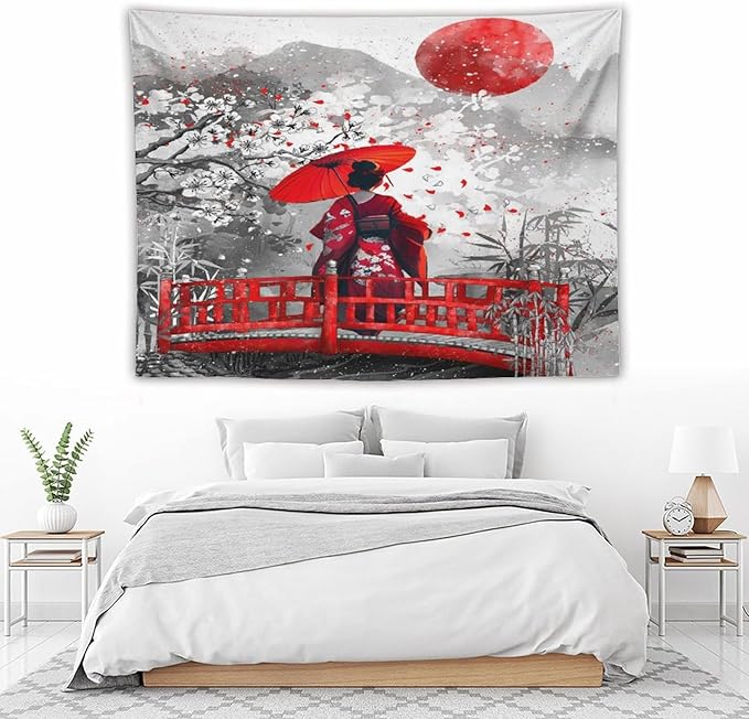 Japanese Red Geisha Tapestry Asian Cherry Blossom Red Sun Traditional Kimono Folk Tapestries Home Decor for Living Room Bedroom Apartment Farmhouse Dorm 80"x60"
