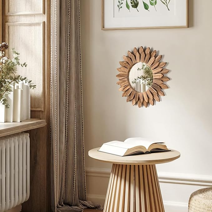 Honiway Boho Wall Decor Mirror 2 Pack Rustic Wood Mirror 12 inch Boho Mirror Home Decor Farmhouse Room Decorations for Bedroom Living Room Carbonized Black