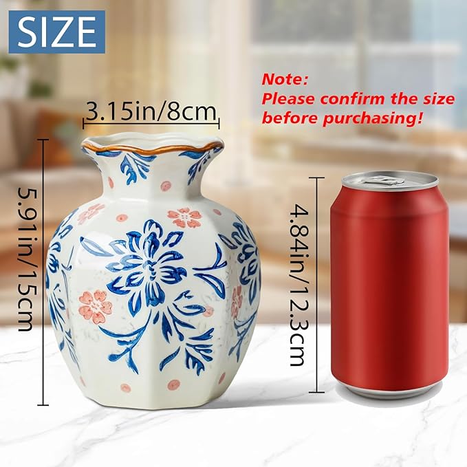 Small Blue and White Ceramic Vase, 6 Inch Vintage Chinoiserie Flower Vase Decorative Antique Vases for Home Decor, Rustic Porcelain Vase Farmhouse Shelf Table Centerpieces Decor