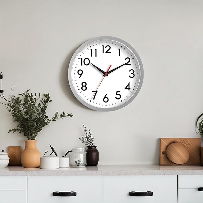 12 Inch Wall Clock Battery Operated Silent Non Ticking Analog Modern Decorative for Office Kitchen Outdoor Living Room Classroom Bedroom Bathroom School(Silver)