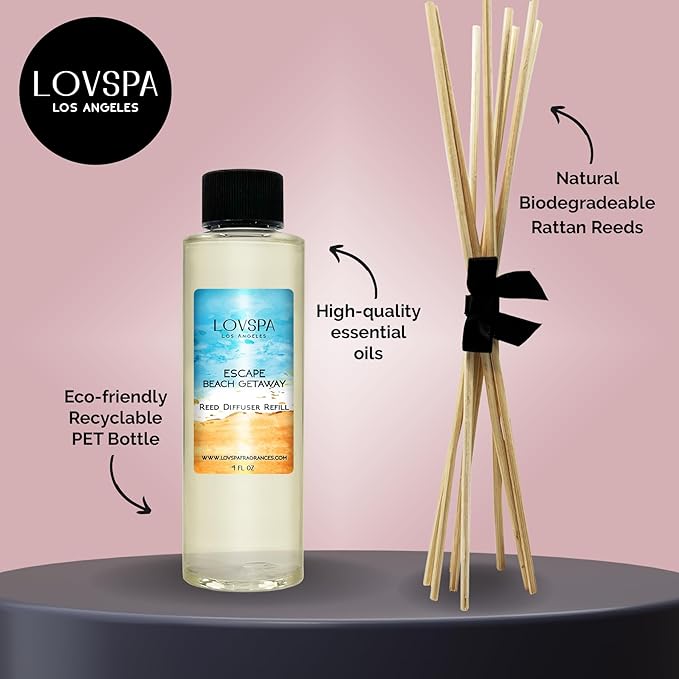 LOVSPA Escape Beach Getaway Diffuser Oil - Luxury Essential Oils for Diffuser Refill & Air Freshener Room Spray - Long-Lasting & Natural Home Fragrance, Scented Oil for Diffusers, USA Made, 4oz