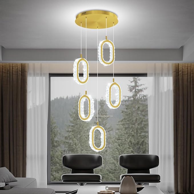 Gold 5-Light Chandelier Pendant Light for Kitchen Island, Dimmable Oval Crystal Ring Chandelier for Dining Room, Hallway, Entryway, Passway, Bedroom, Balcony Living Room