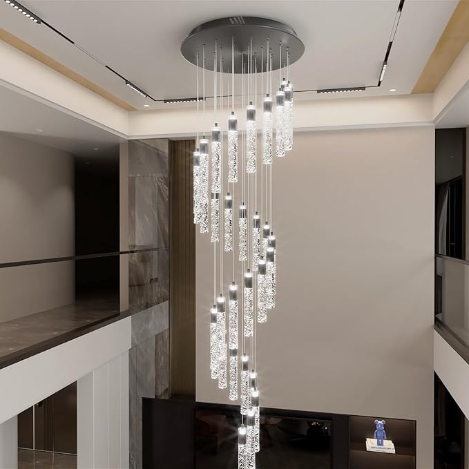 Large Crystal Chandeliers for High Ceiling H150inch Large Spiral Crystal Column Chandelier Lighting for Foyer Entrance 32-Light Black