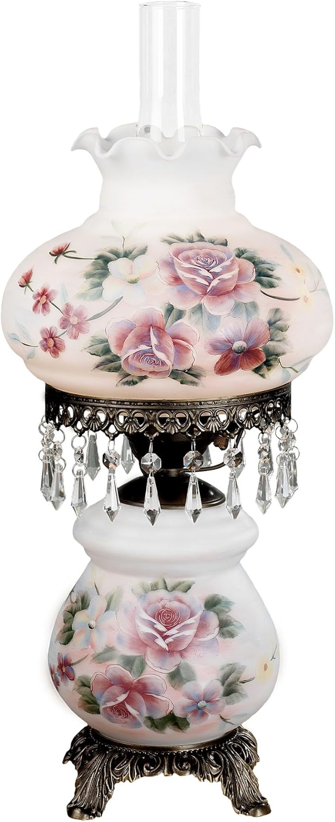 Touch of Class Beatrice Hurricane Rose Table Lamp Pink - Victorian Style - Crystal Beads, Glass - Floral Aesthetic, Roses - Electric - Vintage Antique Parlor Lamps for Home Desk, Bedroom
