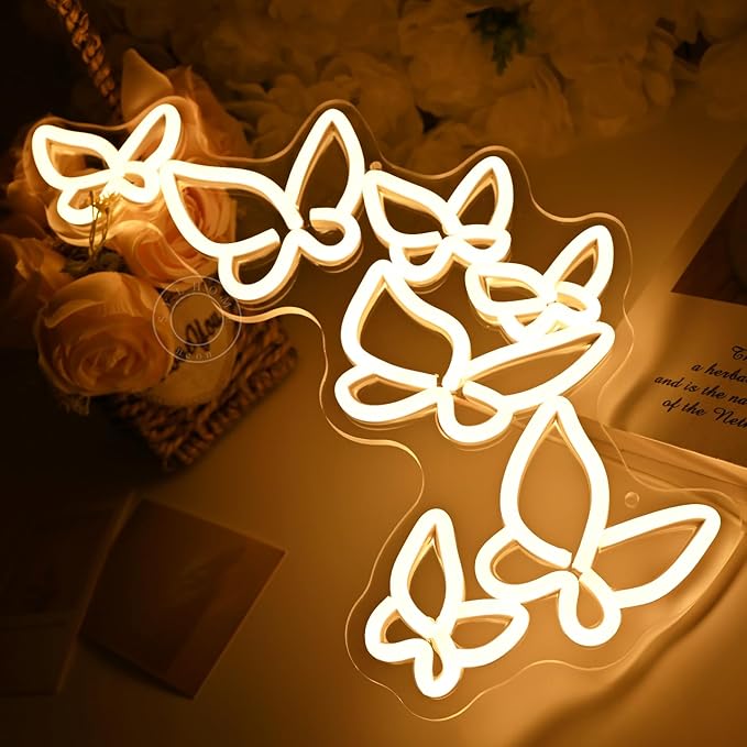 SYLHOME Butterfly Led Neon Light Sign Girls Kids Bedroom Girls Room Beauty Studio Living Room Wedding Birthday Party Light Up Sign 16.5" X 8.9" USB Warm White