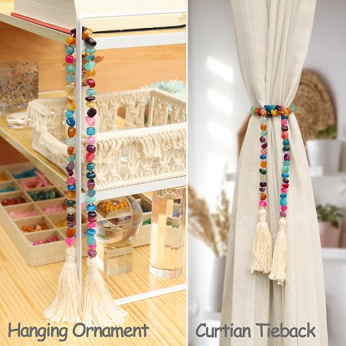 Agate Stone Hand Knotted Garland Modern Farmhouse Rustic Table Home Decor, 30inch Meditation Accessories with Tassel, Prayer Healing Beads Boho Wall Shelf Hanging Decoration (Deep Multicolor)