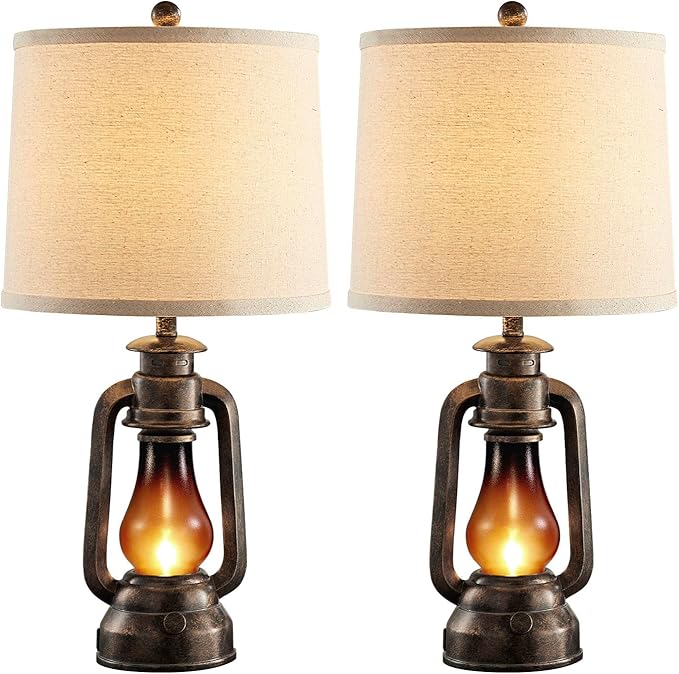 Farmhouse Rustic Table Lamps for Bedroom Set of 2, Vintage Lantern Lamp with Dual USB Charging Ports,25" Retro Antique Bedside Nightstand Desk Lamp for Living Room End Table Entryway, 4 Bulb Included
