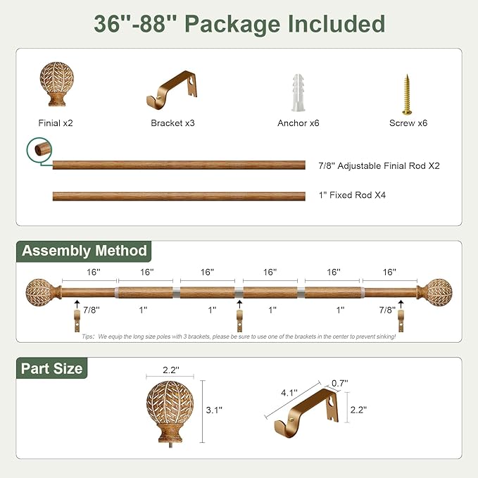 Wood Curtain Rods for Windows 48 to 84 Inch,1'' Diameter Drapery Rods with Imitation Wood Grain Leaf Pattern Finials,Boho Adjustable Heavy Duty Curtain Rods Set,36-88'',Color:Natural Wood