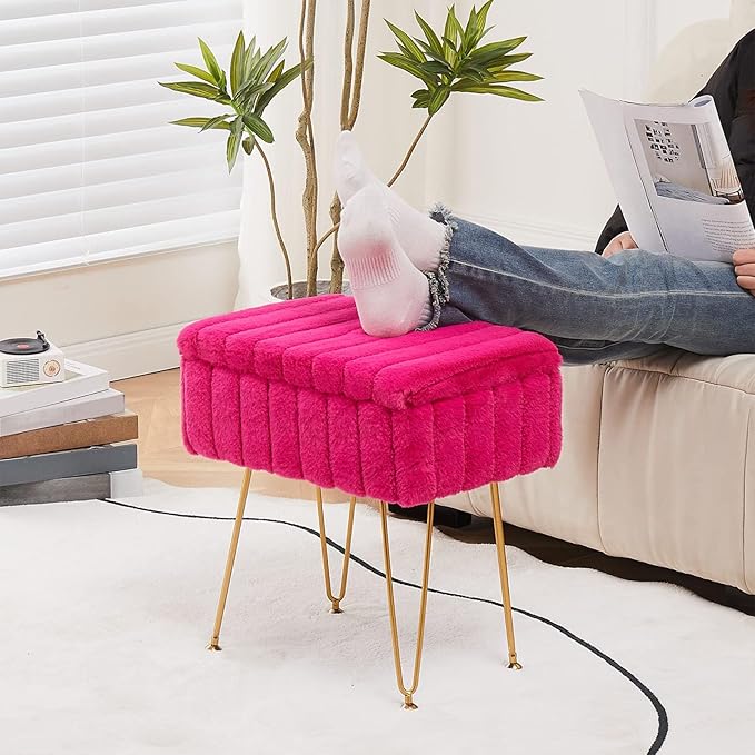 Wimarsbon Faux Mink Fur Storage Ottoman, Modern Soft Footstool, Storage Bench with Metal Legs, Vanity Seat, Fur Stool, Ottoman Coffee Table, Makeup Chair, Vanity Stools for Bedroom (Rose Red)