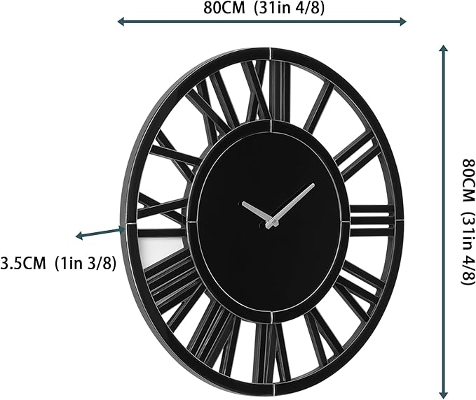 SHYFOY Large Wall Clock - 31.5" Modern Black Wall Clock with Roman Numerals, Decorative Wall Clocks for Living Room, Bedroom, Office - Easy to Hang, Silent Non-Ticking