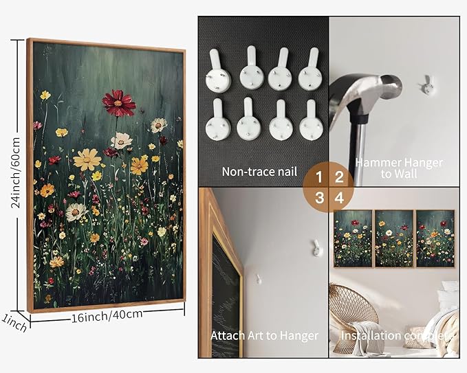 SIGNINART Vintage Floral Framed Canvas Wall Art, Dark Moody Wildflowers Wall Decor, Boho Abstract Flowers Artwork, Colorful Botanical Aestheticrt Art Paintings for Bedroom Living Room Office 16"x24"x3