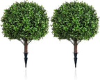 Artificial Olive Leaf Boxwood Topiary Ball Trees, Set of 2 UV Resistant 16in Outdoor Plants – Artificial Bonsai, Miniature Trees, Garden, Curb Appeal