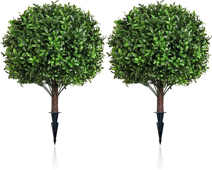 Artificial Olive Leaf Boxwood Topiary Ball Trees, Set of 2 UV Resistant 16in Outdoor Plants – Artificial Bonsai, Miniature Trees, Garden, Curb Appeal