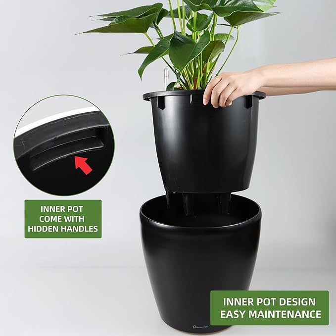Dexceder 15x14 Self Watering Planter with Wheels Indoor Outdoor, Inner Pot Design, Thickened Large Floor Standing Flower Plant Pot with Water Level Indicator (Black Matte)