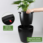 Dexceder 15x14 Self Watering Planter with Wheels Indoor Outdoor, Inner Pot Design, Thickened Large Floor Standing Flower Plant Pot with Water Level Indicator (Black Matte)