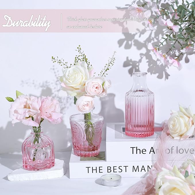Pink Glass Bud Vase Set of 24, Small Flower Vases for Centerpieces in Bulk, Mini Vintage Vase for Wedding Decor, and Home Table Décor