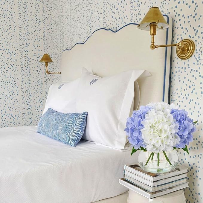 Hollyone Hydrangea Artificial Flowers with Vase White & Blue Silk Fake Flowers Arrangements in Glass Vase with Faux Water Faux Floral Bulk Bouquet Bathroom Table Centerpiece Shelf Home Decor