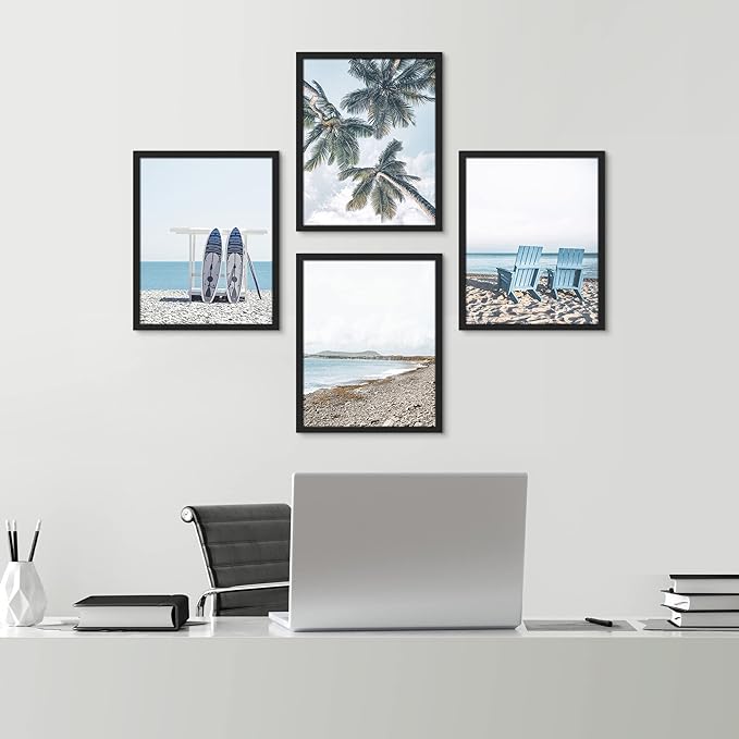 SIGNWIN Framed White Surfboard Tropical Palm Tree Beach Shore Wall Art, Set of 4 Landscape Colorful Wall Decor Prints, Nature Wilderness Wall Décor for Living Room, Bedroom - 12"x16" Black