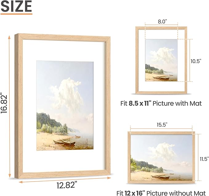 upsimples 12x16 Frame, Natural Solid Wood Picture Frames, Display 8.5x11 with Mat or 12 x 16 Without, Vertical & Horizontal Wall Hanging, 1 Pack, Natural