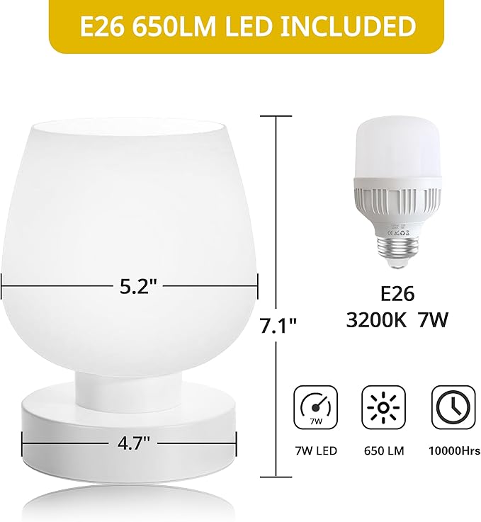 Touch Bedside Lamp, Mini Stepless Dimmable Table Lamps for Bedroom for Night Stands, Small Desk Lamp with Brightness Memory, USB Charging Ports, Warm LED Bulb, White, Round Shape, 2 Set