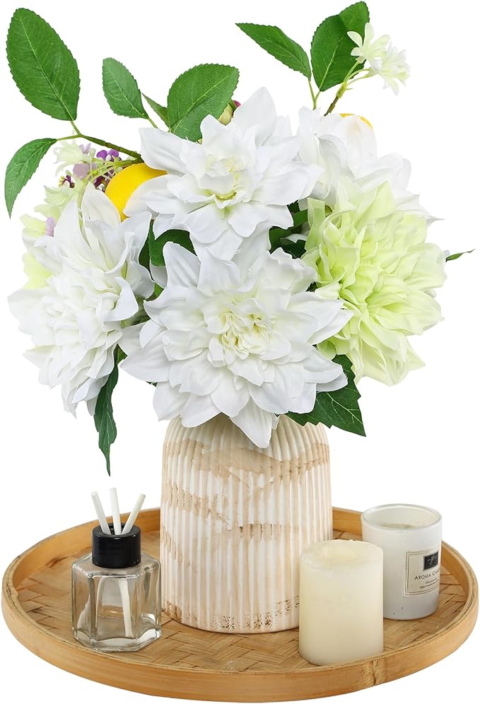 Fake Flower with Vase,White Silk Dahlia Artificial Flowers in Vintage Ceramics Vase for Home Bathroom Office Desk Party Centerpiece Coffee Table Decor