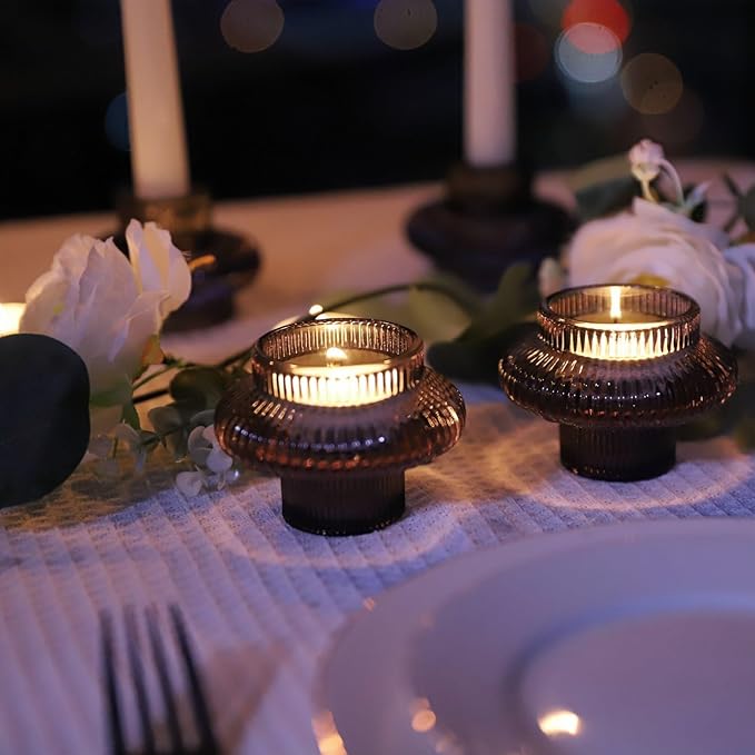 VOHO Smoky Grey Taper Candle Holders Set of 6, Classic Ribbed Candle Sticks Holder Decor for Table Centerpiece at Daily/Birthday/Party, Double Sided Candle Holder for Candlesticks & Tea Lights Candles