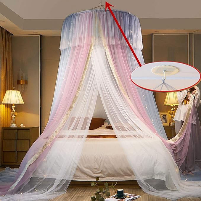 VETHIN Princess Bed Canopy for Girls,Bed Canopy Curtain- Double Layer Sheer Mesh Dome Bed Curtain- Round Lace Princess Mosquito Net Tent for Twin Full Queen King Bed(Pink/Grey/White)