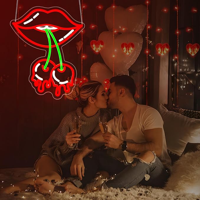 Cherry Lips Neon Sign, Neon Signs for Wall Decor Neon Red LED Signs Room Neon Light Up Signs Home Decor for Bedroom Club Party Bar Shop USB Operated