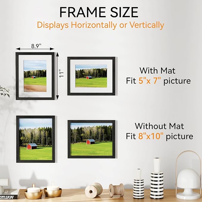 IBUYKE 8x10 Picture Frame,Solid Oak Wood 8x10 Photo Frame with Mat to 5x7,10x8 Picture Frames With Tempered Glass,Tabletop or Wall Mount Display,Home Decor,Black Oak 8 x 10 Frame,UWPF0810B