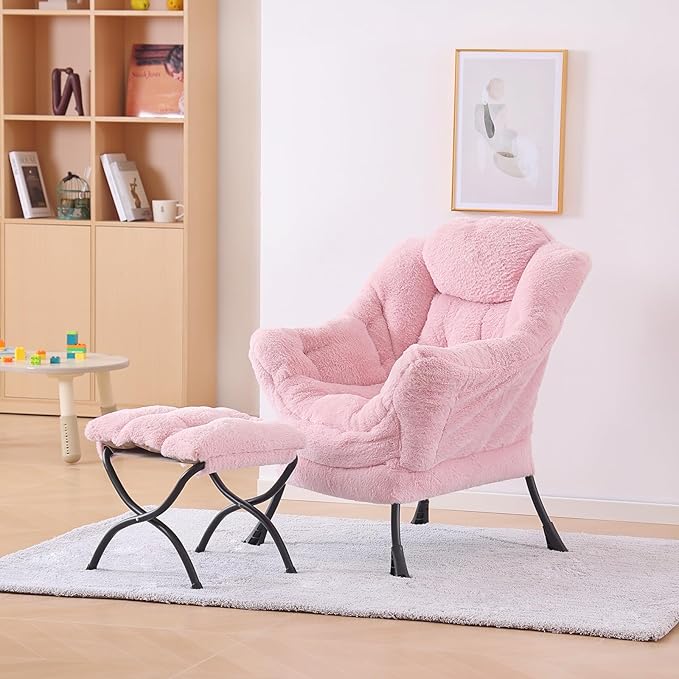Plush Lazy Chair and Ottoman, Large Contemporary Accent Lounge Chair with Armrests and a Side Pocket, Modern Leisure Upholstered Sofa Reading Armchair with Footrest for Bedroom, Living Room