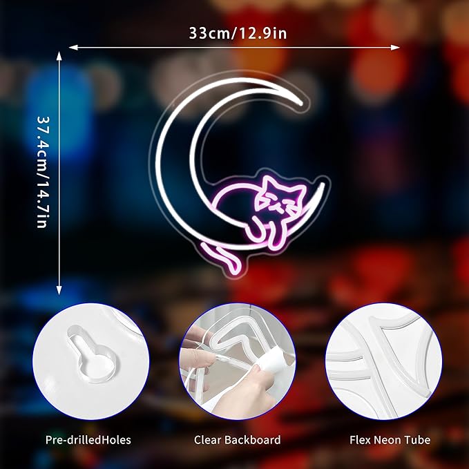 Moon Cat Neon Sign, Neon Signs for Wall Decor LED Light Up Signs Home Decor for Bedroom Club Party Bar Shop USB Operated