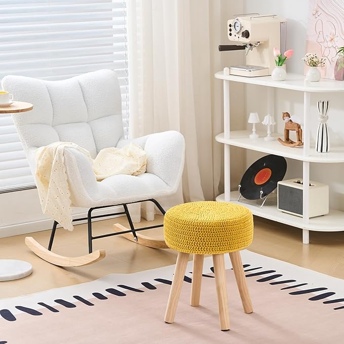 Wimarsbon Pouf Ottoman, 100% Cotton Knitted Boho Footstool, Round Footrest with Non-Skid Wood Legs, Home Décor Handmade Pouffe, Leisure Floor Step Stool for Living Room (Long Leg - Yellow)