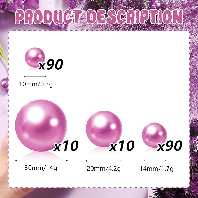 200PCS Dark Purple White Faux Pearls Beads for Centerpiece Vases, Vase Filler Faux Pearls, No Holes Filler Beads for Party Anniversary Birthday Wedding Table Decor, 10/14/20/30mm