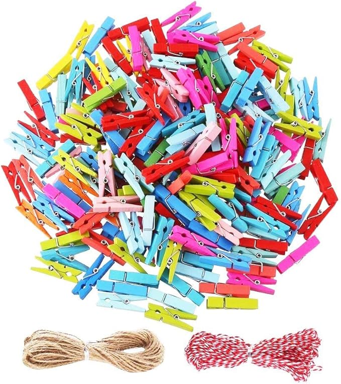 DECORA 120 Pieces 3.5cm Colored Wooden Clothespins Mini Craft Photo Pegs Clips with 98 Feet Twin