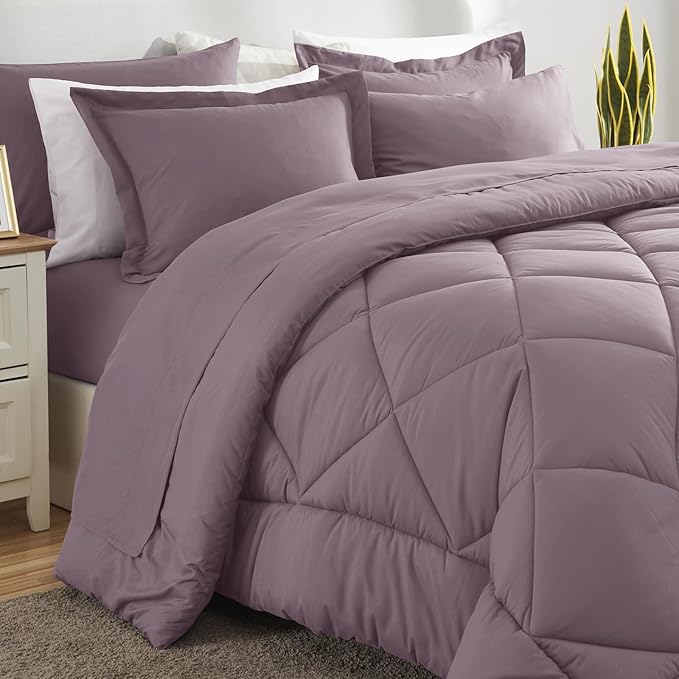 CozyLux Queen Comforter Set Dusty Purple - Bed in a Bag Queen Size 7 Pieces, Soft Bed Set for All Seasons, Bedding Set with Down Alternative Comforter, Sheets, Pillowcases & Shams, Grayish Purple